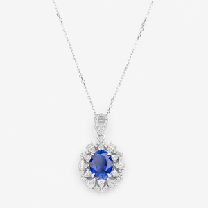 Elegante Collar Clásico con Colgante de Zafiro en Plata 925, Diseño de Flor con Halo de Diamantes de Corte Brillante Redondo, Conjunto de Joyería para Mujer para Boda - Product Image 1