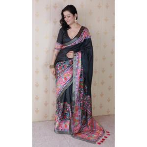 Sari en soie Tussar noire Elite Weaves avec bordure tissée Zari, imprimé floral, réversible, protection solaire, séchage rapide, hiver/été - Product Image 3