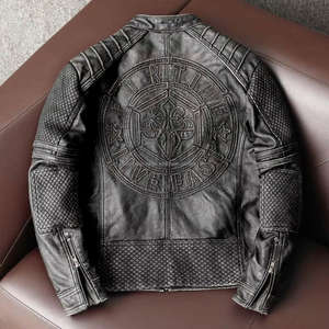 Blouson en cuir pour homme, style vintage, respirant, coupe-vent, fermeture éclair, écologique, automne, moto, cuir végétalien - Product Image 2