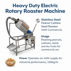 เครื่องคั่วแบบหมุนอัตโนมัติสำหรับงานหนัก 100 กก./ชม. สแตนเลส สำหรับถั่วลิสง เม็ดมะม่วงหิมพานต์ 440V เชิงพาณิชย์ พลาสติก - Product Image 5