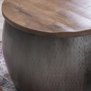 Table basse ronde industrielle en métal avec plateau en bois, diamètre 25 pouces, meuble multifonctionnel pour salon - Product Image 4