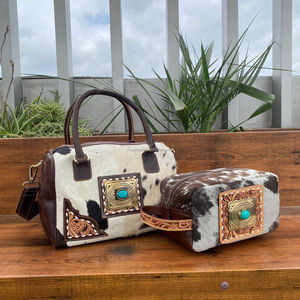 Vente en gros OEM Mini polochon et trousse de toilette personnalisés Ensemble combiné de sport pliable en cuir de vachette véritable durable style week-end - Product Image 4