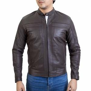 Men's <b>Brown</b> Genuine <b>Leather</b> <b>Jacket</b> Stand Collar Zipper Closure Regular Sleeve Solid Color Autumn Style Casual - Product Image 1