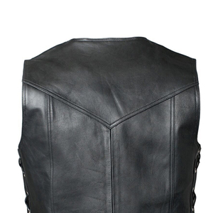 Gilet moto en cuir véritable pour homme, col en V, simple boutonnage avec chaîne décorative, vêtement d'extérieur pour l'automne - Product Image 4