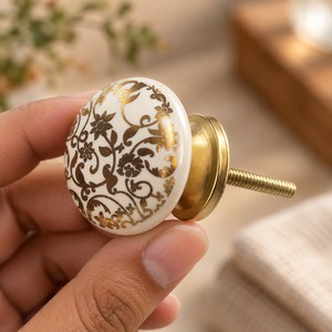 SHUBHAM Decorative <b>Ceramic</b> Cabinet <b>Knob</b> with Gold Floral Design Round <b>Drawer</b> Pull Handle for Wardrobe Dresser Furniture - Product Image 4