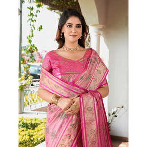 Sari Patola en organza rose Elite Weaves avec détails tissés Zari, robe de soirée élégante, 600g en stock - Product Image 5