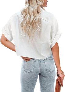 Camisa de Popelina Blanca para Mujer, Corte Crop, Manga Corta, Cuello Camisero, Ajuste Holgado, Estilo Casual, para Primavera/Verano, Uso Diario - Product Image 2