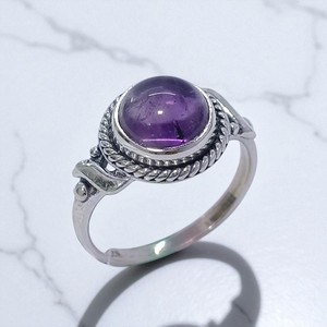 Vintage 925 <b>Sterling</b> <b>Silver</b> Round Cabochon <b>Ring</b> for Women Natural Moonstone & Amethyst Simple Classic Minimalist <b>Engagement</b> <b>Ring</b> - Product Image 2
