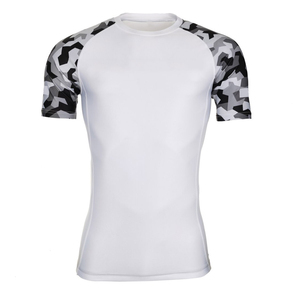 Men's Short Sleeve <b>Compression</b> Rash Guard White With Gray <b>Black</b> Camo Sleeves Quick Dry Polyester Athletic <b>Shirt</b> Top - Product Image 3