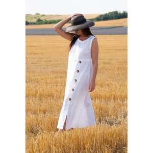 Vestido Largo sin Mangas de Algodón Blanco para Mujer, con Botones al Frente, Casual, Veraniego, Natural, Ecológico y Lavable - Product Image 3