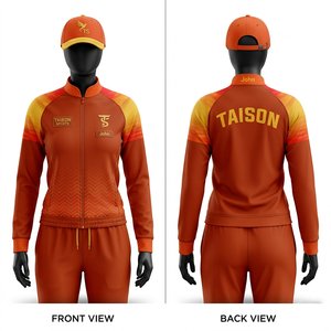 Survêtement de cricket pour femmes de qualité supérieure, tissu respirant en polyester interlock 280 GSM, orange et noir avec rayures, impression par sublimation, logo personnalisé - Product Image 6