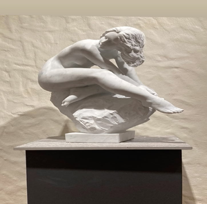 Large white marble statue of a detailed <b>owl</b> displayed prominently on a pedestal inside a luxurious interior. - Product Image 5