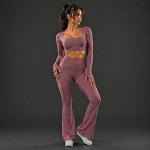 Women's 2-Piece Breathable Yoga Set High Waist Four-Way Stretch <b>Leggings</b> with Long Sleeve Crop Top for Gym & Fitness - Product Image 1