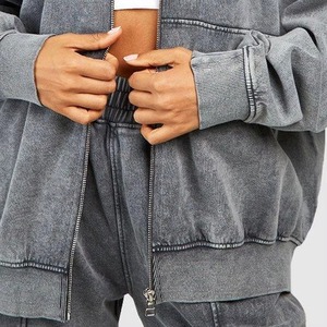 Ensemble de survêtement streetwear délavé à l'acide pour femmes et hommes, veste zippée et pantalon large, décontracté, hiver, conception 2-en-1 personnalisée OEM - Product Image 6