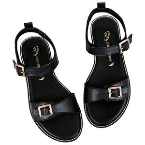 IR COLLECTION Sandales plates gladiateur en cuir noir de qualité supérieure pour femme, à double boucle, style coréen, légères et confortables, tendance - Product Image 5