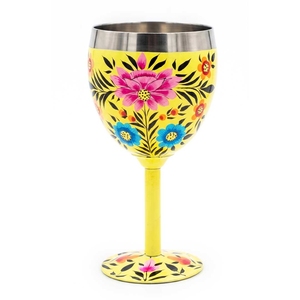 Hand Painted Red Floral Stainless Steel <b>Wine</b> <b>Goblet</b> Shatterproof Barware Glass - Product Image 3