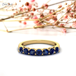 Nouvel Arrivage 2026 Bague d'éternité de mariage en or jaune fin 14 carats avec saphir bleu naturel de 3 mm serti à griffes, Fournisseur pour commandes en gros - Product Image 1