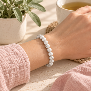 Bracelet extensible en howlite naturelle SoulWise, perles en forme de boule, aspect marbre blanc, cristal, tendance, unisexe, bijoux d'anniversaire - Product Image 2