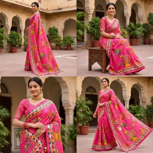 Sari de Chinnon Estampado, Sari de Chinnon con Trabajo Manual Meher, Sari con Latkan Pesado, Sari de Chinnon Premium, Sari Tradicional de Diseño de Lujo - Product Image 3