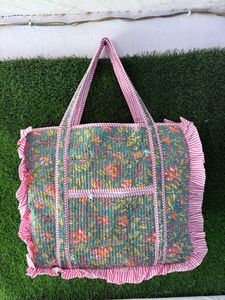 กระเป๋าโท้ทผ้าฝ้ายแท้ 100% ลายดอกไม้เย็บติดกัน พร้อมซิปแต่งระบายสีชมพู สไตล์โบฮีเมียน กระเป๋าช้อปปิ้งแบบมีฉนวนกันความร้อน สำหรับผู้ค้าส่ง - Product Image 6