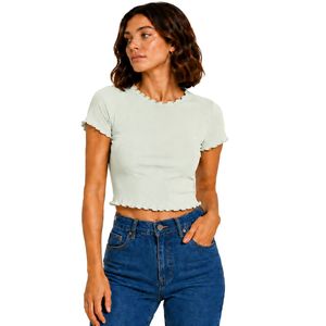 Mint Green Ribbed <b>Crop</b> <b>Top</b> Women Short Sleeve Lettuce Trim Crew Neck Cotton Spandex Slim Fit Casual Summer T Shirt Custom OEM - Product Image 1