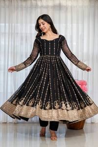 Traje Anarkali Negro Bordado, Conjunto Indio-Pakistaní, Vestido de Manga Larga con Dupatta para Fiesta o Boda - Product Image 2