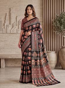 Artisan Ajrak Print Crap Silk <b>Saree</b> With Real Mirror Handwork Unstitched Blouse Festive Wedding Traditional Regional Clothing - Product Image 1