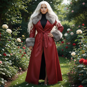 Manteau long en cuir de poisson pour femme avec ceinture, col en fourrure de renard et doublure en soie – Vente en gros, sur mesure - Product Image 1