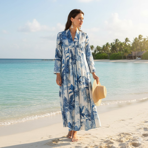 ชุดเดรสลายต้นปาล์มสไตล์ศิลปิน ผ้าฝ้าย 100% ชุดเดรสยาวแบบแม็กซี่ แขนยาว งานแฮนด์เมดชิ้นเอก ผู้ผลิตขายส่ง - Product Image 2