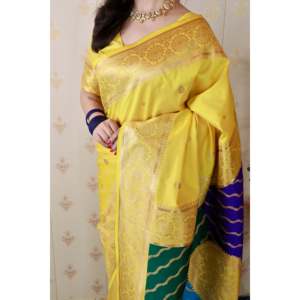 Sari Banarasi en soie douce jaune Elite Weaves avec pallu multicolore et blouse tissée Zari pour femmes 650g - Product Image 4