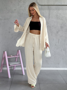 Wholesale 2026 Spring <b>Summer</b> Women 2 Piece Set Long Sleeve Shirt and Straight <b>Pants</b> Casual Relaxed Fit Private Label - Product Image 4