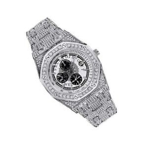 Montre de luxe en quartz sertie de diamants, boîtier octogonal 43 mm, chronographe analogique, bracelet en acier inoxydable, fermoir déployant - Product Image 6