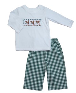 Robes et barboteuses pour filles en gingham vert de la série Canard brodé à la main - Silhouette trapèze en coton/polyester pour le printemps/été/automne - Product Image 2