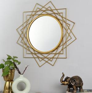 Modern Brass Round Wall <b>Mirror</b> With Geometric Frame Decorative Accent - Product Image 6