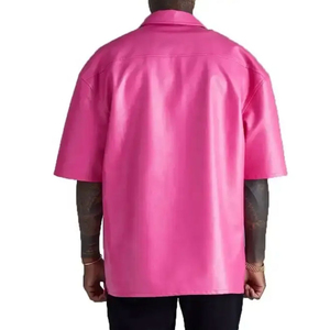 <b>Men's</b> Pink PU Short Sleeve Shirt <b>Jacket</b> Turn-down Collar Solid Color Casual <b>Summer</b> Loose Fit Regular Length - Product Image 3