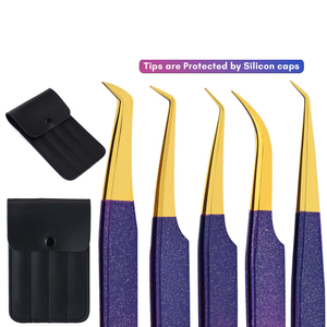 Ensemble de 5 pinces à cils professionnelles en acier inoxydable antistatique durables pour extensions de cils volume, pointes en fibre parfaites - Product Image 5