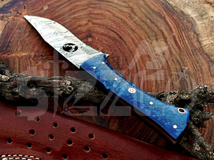 มีดล่าสัตว์เหล็กดามัสกัสแบบ OEM พร้อมด้ามเรซิ่น ใบมีดคงที่ สำหรับตั้งแคมป์ กิจกรรมกลางแจ้ง และพกพาประจำวัน พร้อมปลอกหนัง - Product Image 2