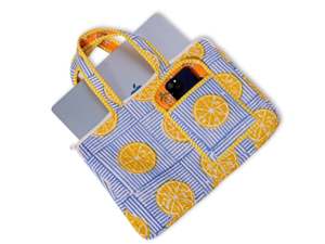 Bolso Tote para Portátil Niharo para Mujer, con Estampado de Limones, Acolchado de Algodón, con Bolsillo Frontal y Asas a Rayas - Product Image 1