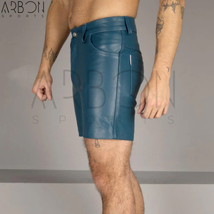 Pantalones Cortos de Cuero Genuino Azul Verde Azulado, Estilo Diseñador de Alta Gama, Corte Ajustado, Logotipo Personalizado, Fabricante Mayorista de Ropa Urbana de Moda para Exteriores - Product Image 2
