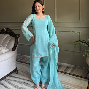 NUEVO CONJUNTO FARSHI SALWAR ESPECIAL PARA FIESTAS DE EID, TELA DE SEDA CRUNCHY CON TRABAJOS DE SIROSKI, TOP DUPPTA, LISTO PARA USAR, ELÁSTICO Y DE SECADO RÁPIDO - Product Image 1