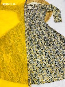 Best Fabric Pure Cotton with Kalamkari Block Print Readymade Anarkali Full-Flared Long Kurti-Georgette Dupatta Set <b>Woman</b> Fashion - Product Image 2