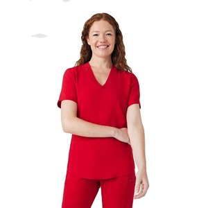 Ensemble de blouses médicales rouges pour femmes, haut à manches courtes et col en V avec poches, uniforme d'hôpital, mélange de coton et de polyester tissé - Product Image 5
