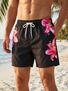 Maillot de bain noir pour hommes avec imprimé fleur de lys rose, short en polyester à séchage rapide, coupe régulière, 1 pièce - Product Image 2