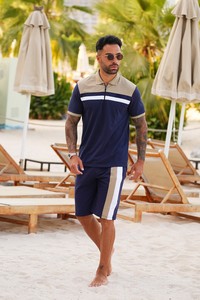Premium Men's Beige Blue Solid <b>Knitted</b> 100% Cotton Summer Formal Breathable 300g Short <b>Set</b> - Product Image 5