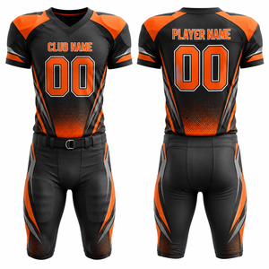 Ensemble de maillots de football américain personnalisés pour hommes, noir et orange, imprimé par transfert thermique, col en V, manches courtes, évacuation de l'humidité, coupe classique, 100% coton - Product Image 1