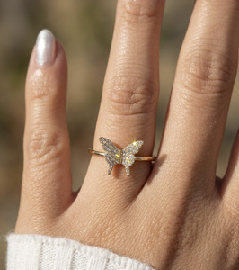 14K Gold Plated Sterling Silver Lab Grown VVS1 <b>Diamond</b> Butterfly Statement <b>Ring</b> Dainty Animal Design GRA Certified for Women - Product Image 4