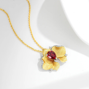 Flower Pendant <b>Necklace</b> Yellow Gold <b>Ruby</b> Center Diamond Accents Box Chain Women's Luxury Jewelry - Product Image 2
