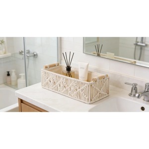 Ensemble de 2 paniers en macramé blancs faits à la main, parfaits pour organiser la chambre, gardent les essentiels et accessoires de chevet bien rangés - Product Image 2