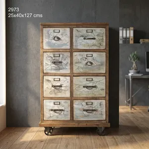 Industrial Wooden Iron Cabinet <b>on</b> <b>Wheels</b> Vintage Rolling Storage <b>Chest</b> 08 <b>Drawer</b> Rustic Metal Filing Organizer Furniture - Product Image 3