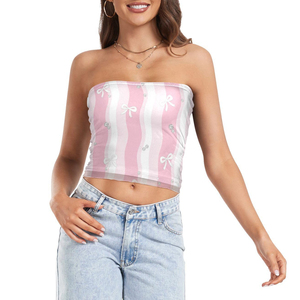 Top corto sin tirantes con lazo rosa y estampado de rayas blancas por sublimación, estilo estético, para mujer, precio económico, venta al por mayor. - Product Image 3